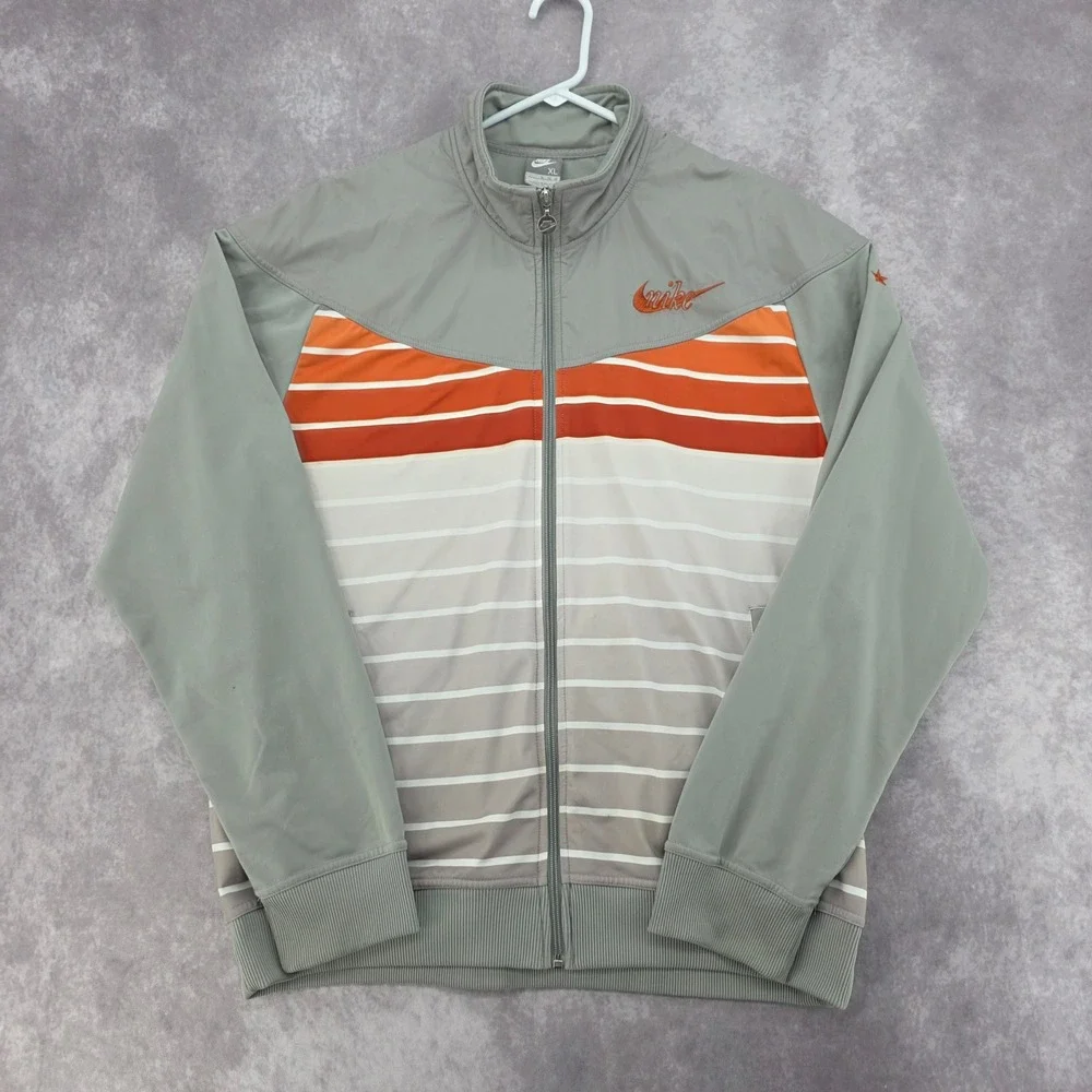 Vtg Nike Mens XL Track Jacket Full Zip Windbreaker Grey Orange Striped Star Logo